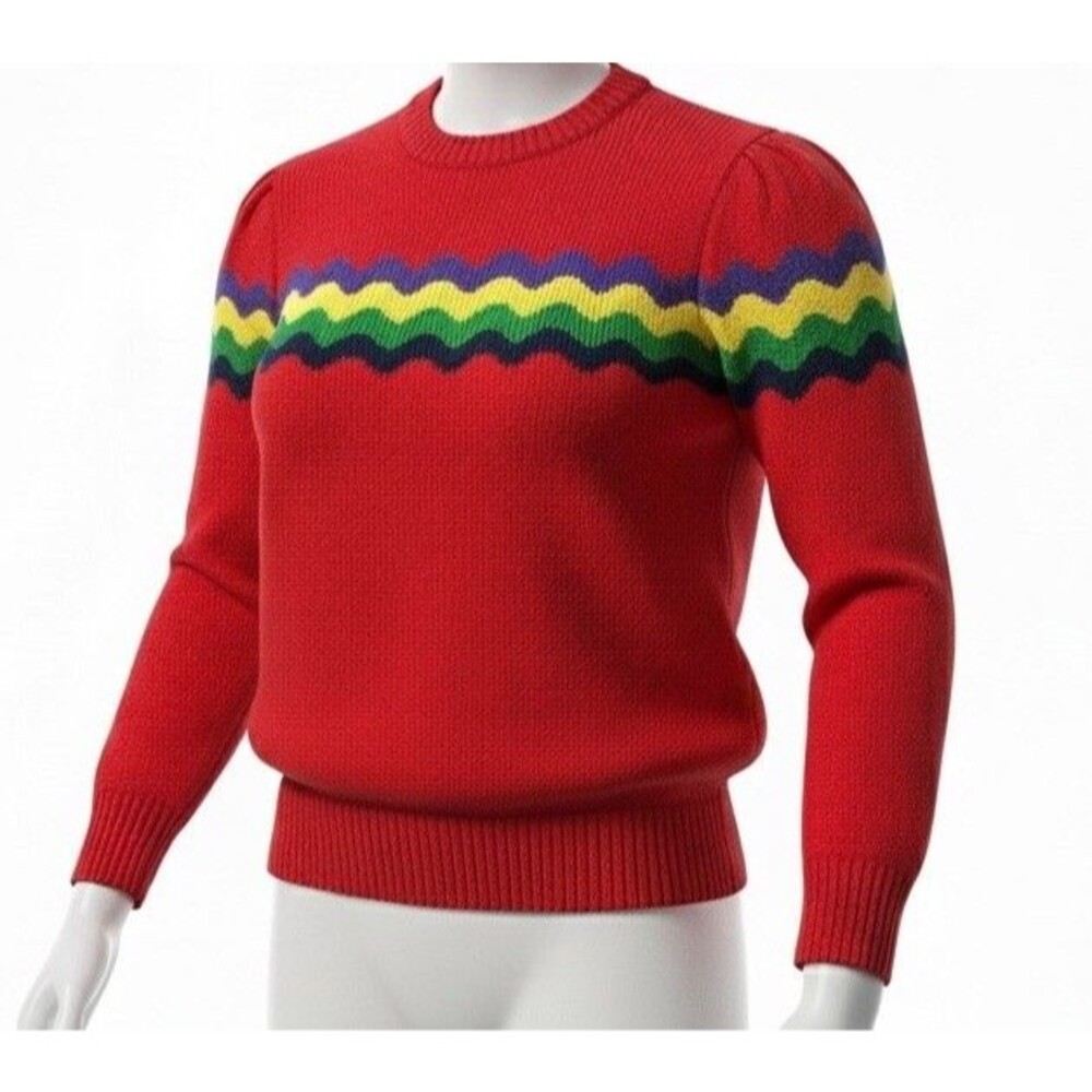 vintage 80s women’s red puff sleeve colorful wavy striped sweater size small